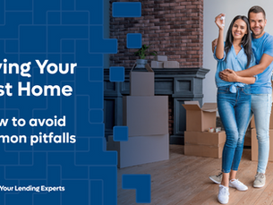 Happy couple in casual clothes holds keys in a room with moving boxes. Text: Buying Your First Home, Avoiding Common Pitfalls.