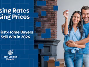 Couple in new home, smiling and holding keys. Boxes and lamp in background. Text: "Rising Rates, Rising Prices. How First-Home Buyers Can Win in 2026."