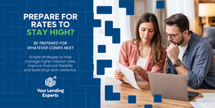 Couple reviews paperwork at a laptop in a cozy home office; ad headline says Prepare for rates to stay high?