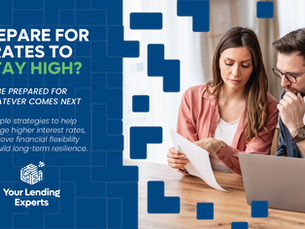 Couple reviews paperwork at a laptop in a cozy home office; ad headline says Prepare for rates to stay high?