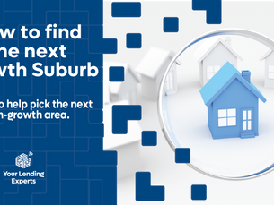 Magnifying glass over blue house model, with text on finding growth suburbs. Background has white houses. Text: "Your Lending Experts."