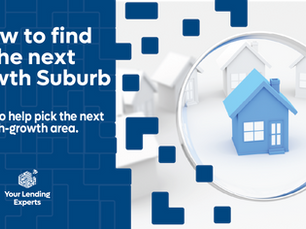 Magnifying glass over blue house model, with text on finding growth suburbs. Background has white houses. Text: "Your Lending Experts."