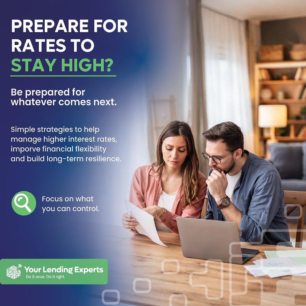 Couple reviews paperwork at a laptop in a cozy home office; ad headline says Prepare for rates to stay high?