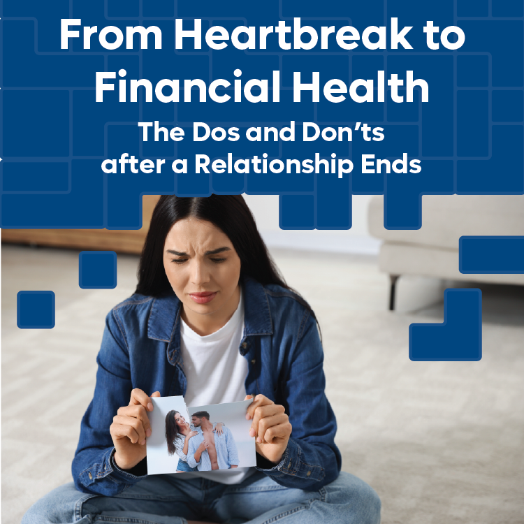 Woman in a denim jacket holds a torn photo, looking upset. Text: "From Heartbreak to Financial Health: The Dos and Don’ts after a Relationship Ends."