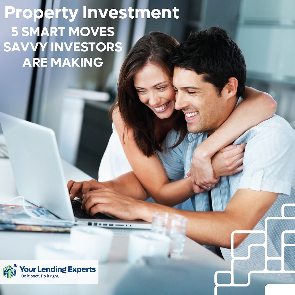 Couple smiling over laptop, suggesting success. Text: "Property Investment 5 Smart Moves Savvy Investors Are Making." Mood: joyful.