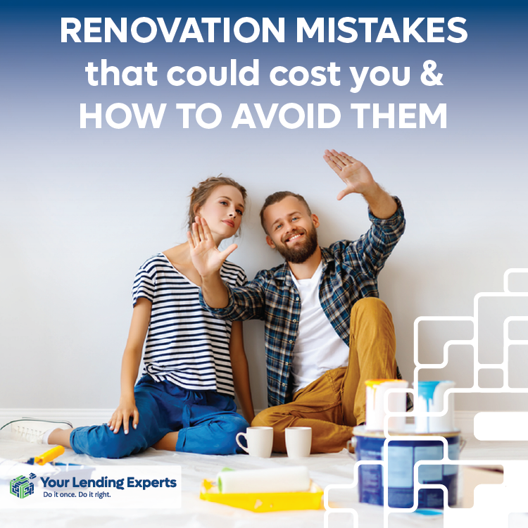Couple in casual wear sit on floor, gesturing at wall. Paint cans and cups beside them. Text: "Renovation mistakes" above. Calm mood.